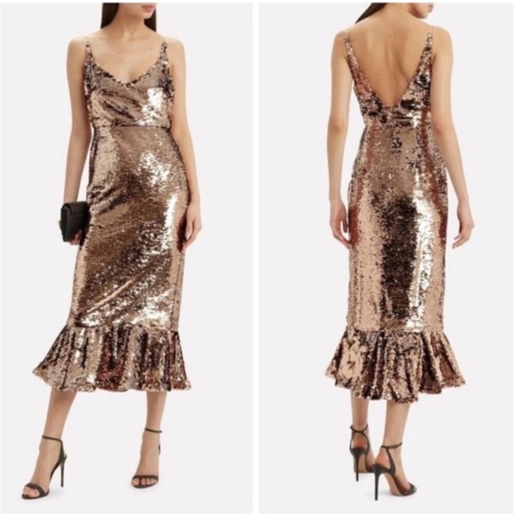 SALONI Aidan Bronze Copper Sequin Mesh Sleeveless V-Neck Dress US8/UK12 $695 EUC